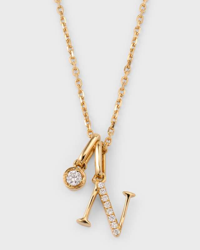 18K Yellow Gold Initial N Diamond Pendant Necklace, 18"L